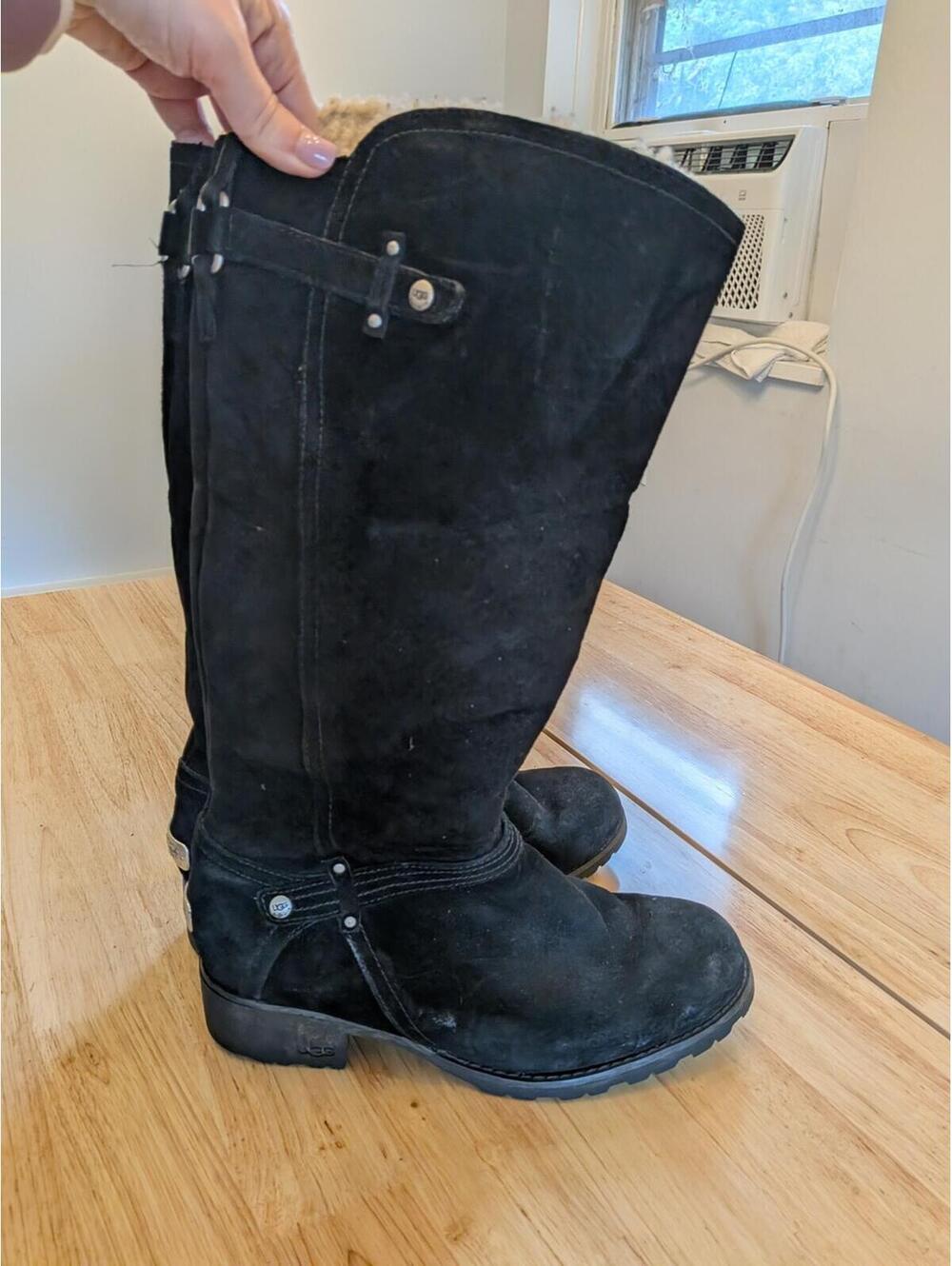 UGG Australia Jillian Black Suede Tall Riding Boots Shearling Lined Size 10 Rare